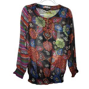 Desigual vintage y2k semi-sheer top floral print long sleeves colorful sz medium